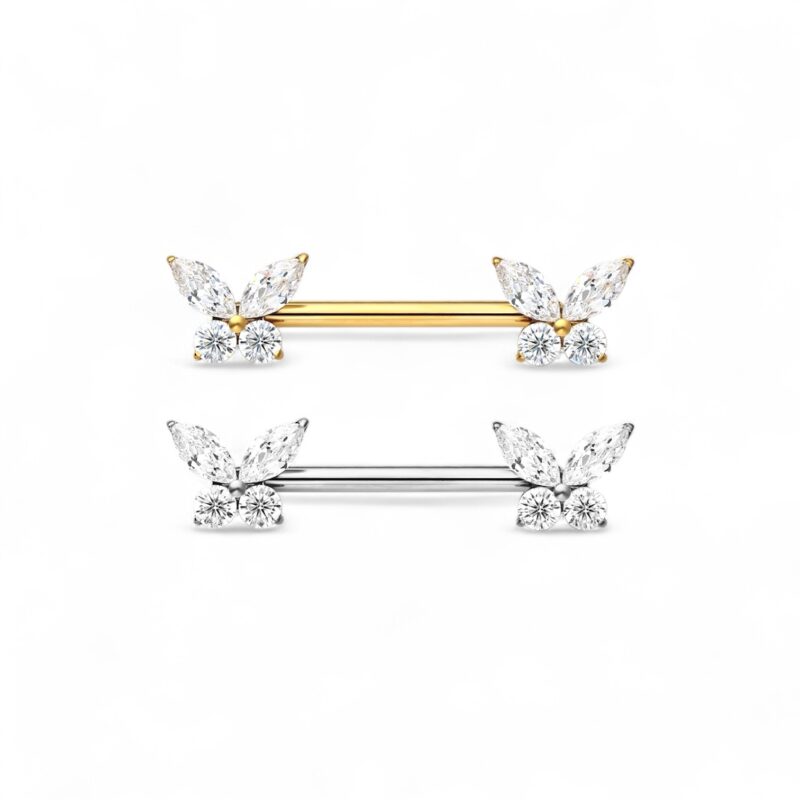 Brustwarzen Barbell 2 Schmetterlinge mit 8 Zirkonia Steinen